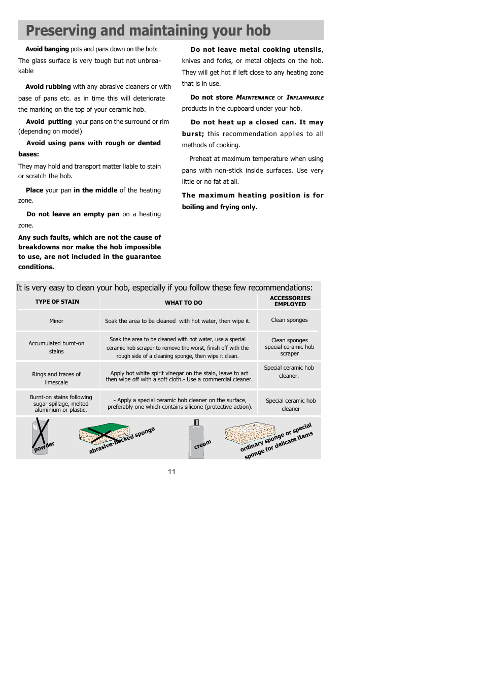 Preserving and maintaining your hob | Kleenmaid BISG801 User Manual | Page 12 / 16