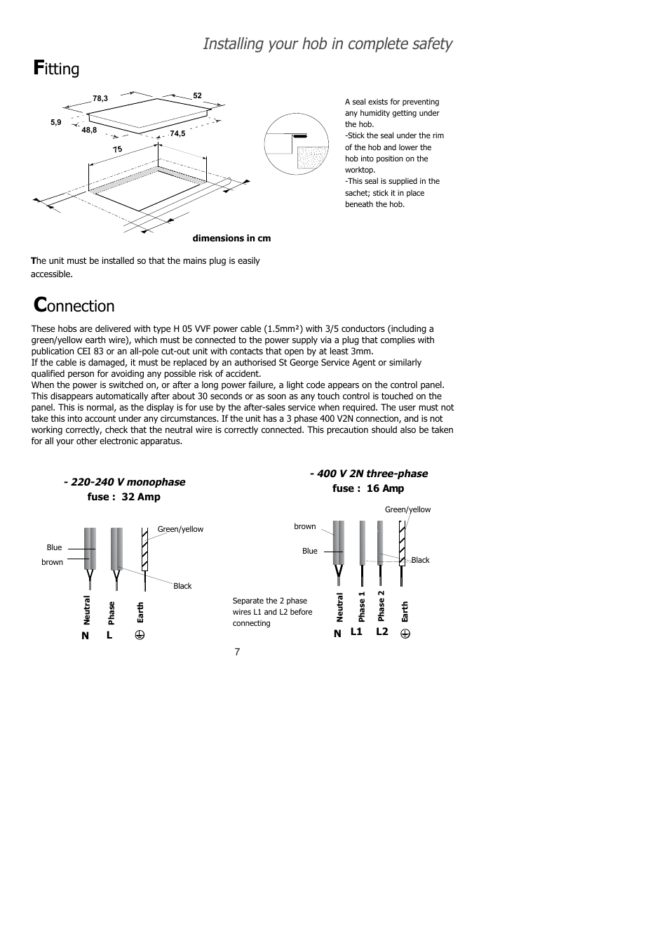 Installing your hob in complete safety, Itting, Onnection | Kleenmaid BISG801 User Manual | Page 8 / 16