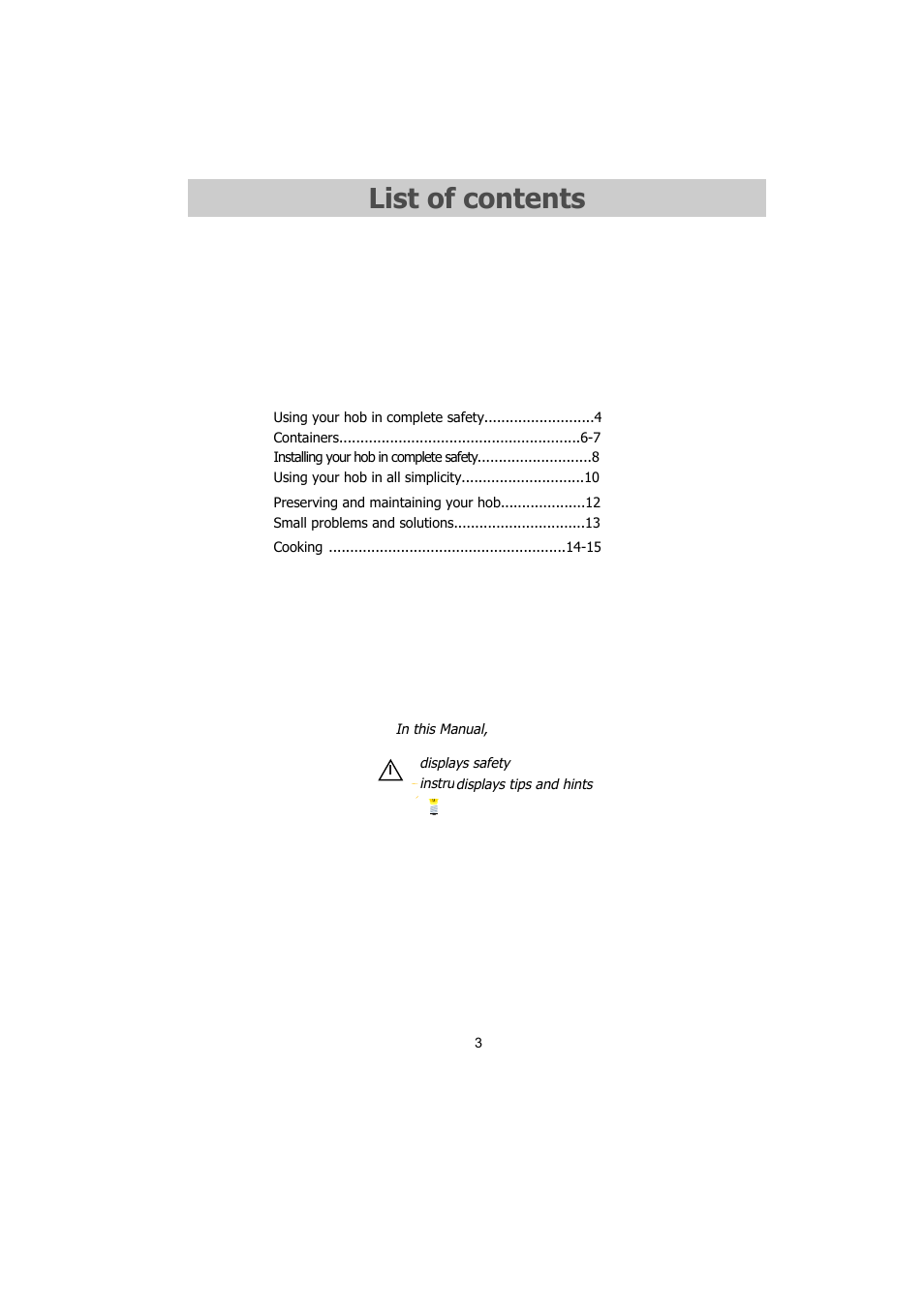 List of contents | Kleenmaid IVK61 User Manual | Page 3 / 17