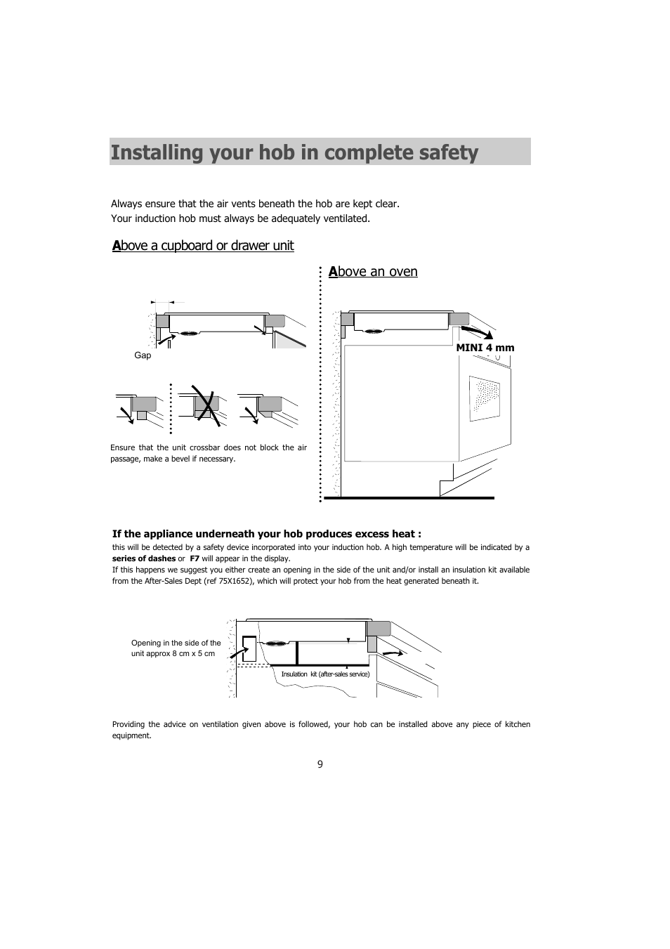 Installing your hob in complete safety, A bove an oven, A bove a cupboard or drawer unit | Kleenmaid IVK61 User Manual | Page 9 / 17