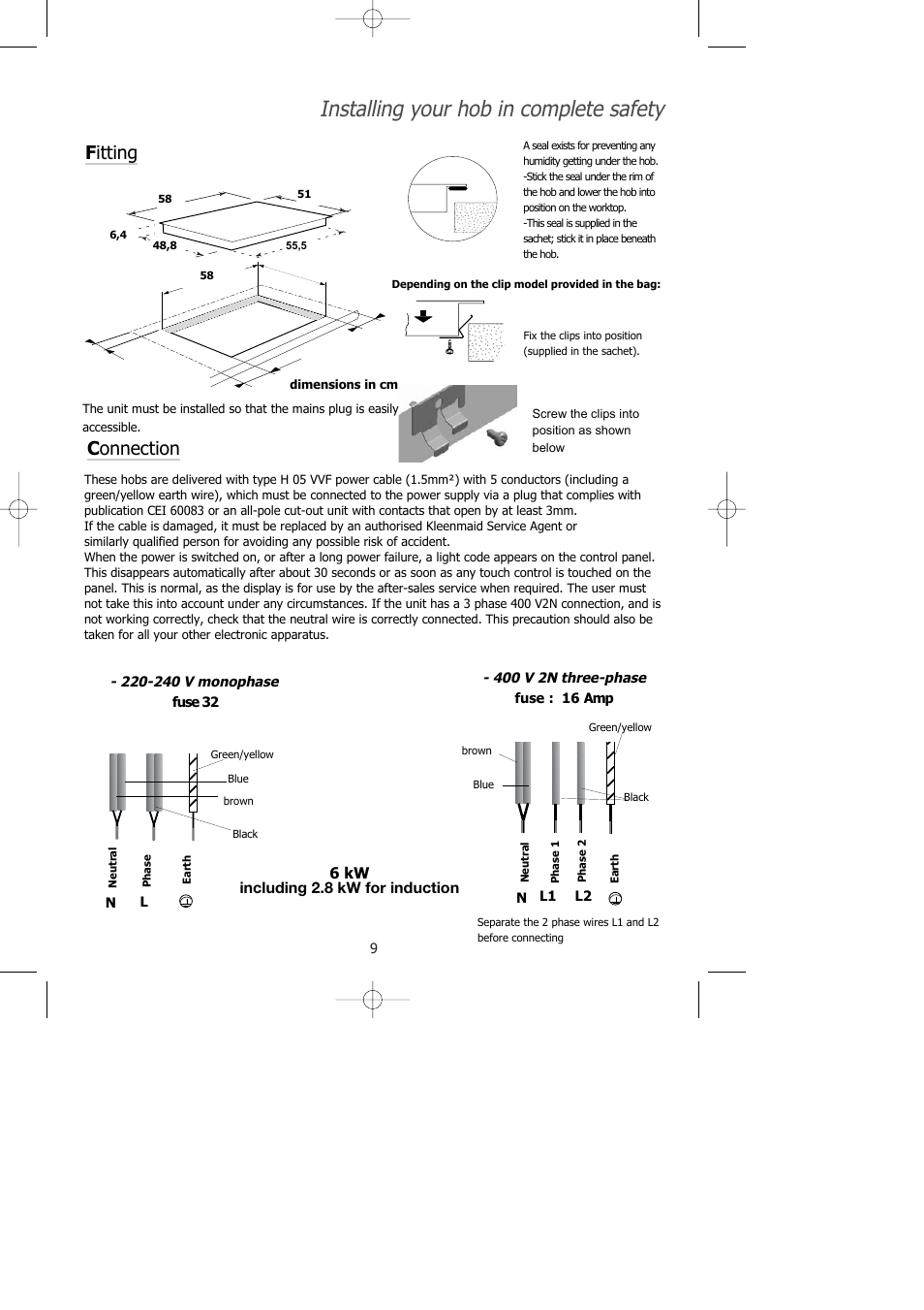 Installing your hob in complete safety, F itting, C onnection | 6 kw including 2.8 kw for induction | Kleenmaid IVK60 User Manual | Page 10 / 18