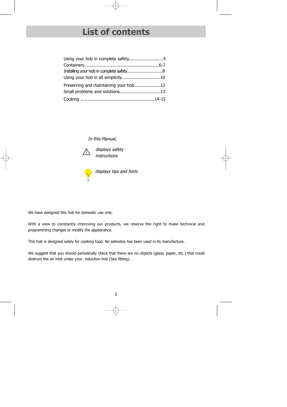 List of contents | Kleenmaid IVK60 User Manual | Page 3 / 18