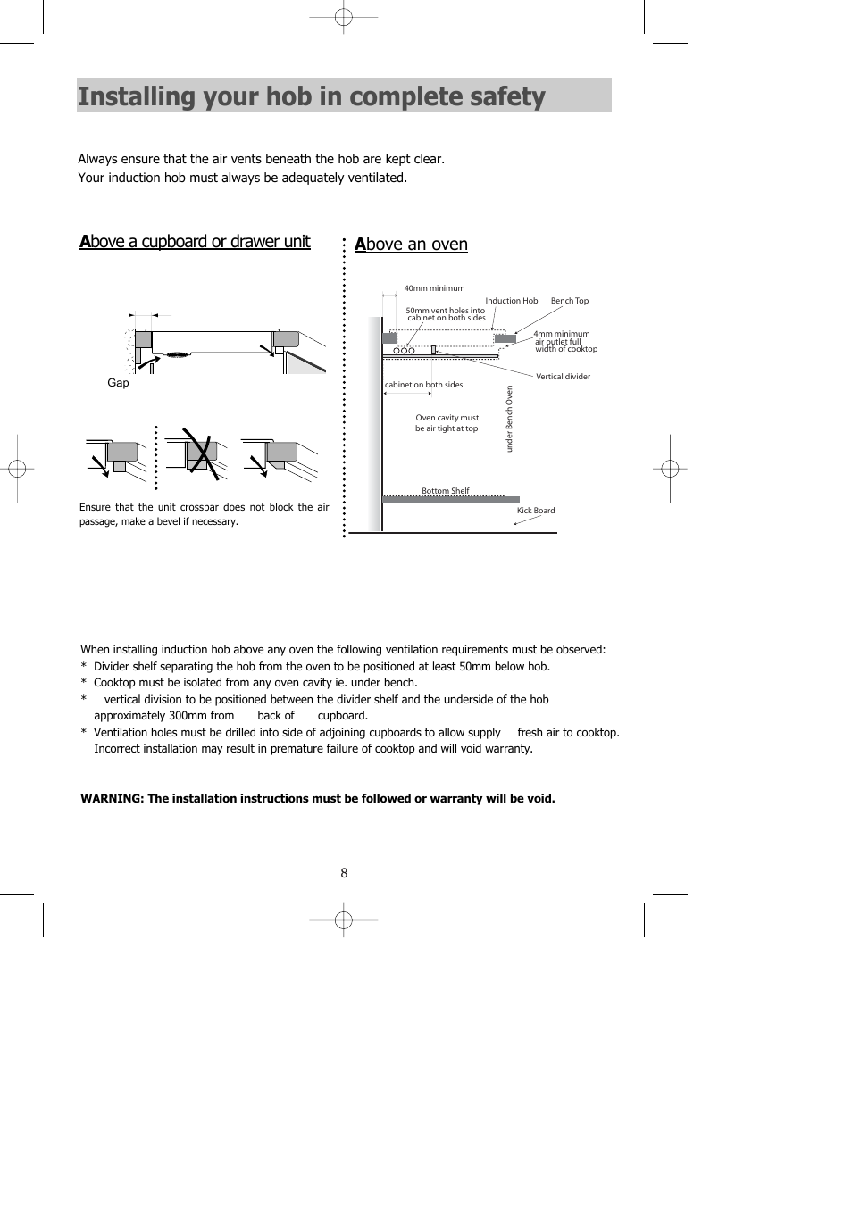 Installing your hob in complete safety, A bove an oven, A bove a cupboard or drawer unit | Kleenmaid IVK60 User Manual | Page 9 / 18
