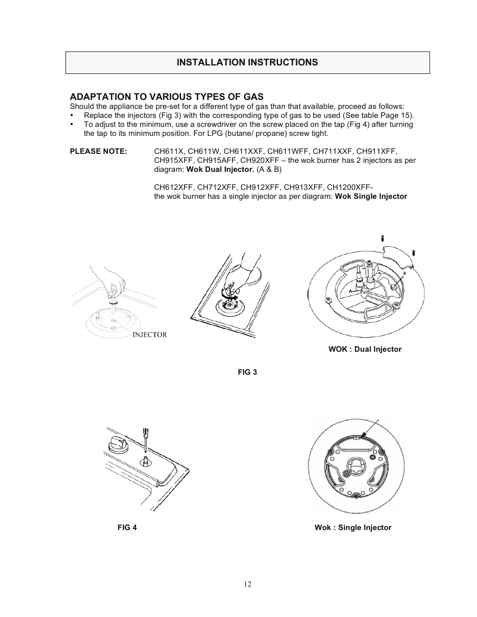 Installation instructions, Adaptation to various types of gas | Kleenmaid CH611X User Manual | Page 13 / 18