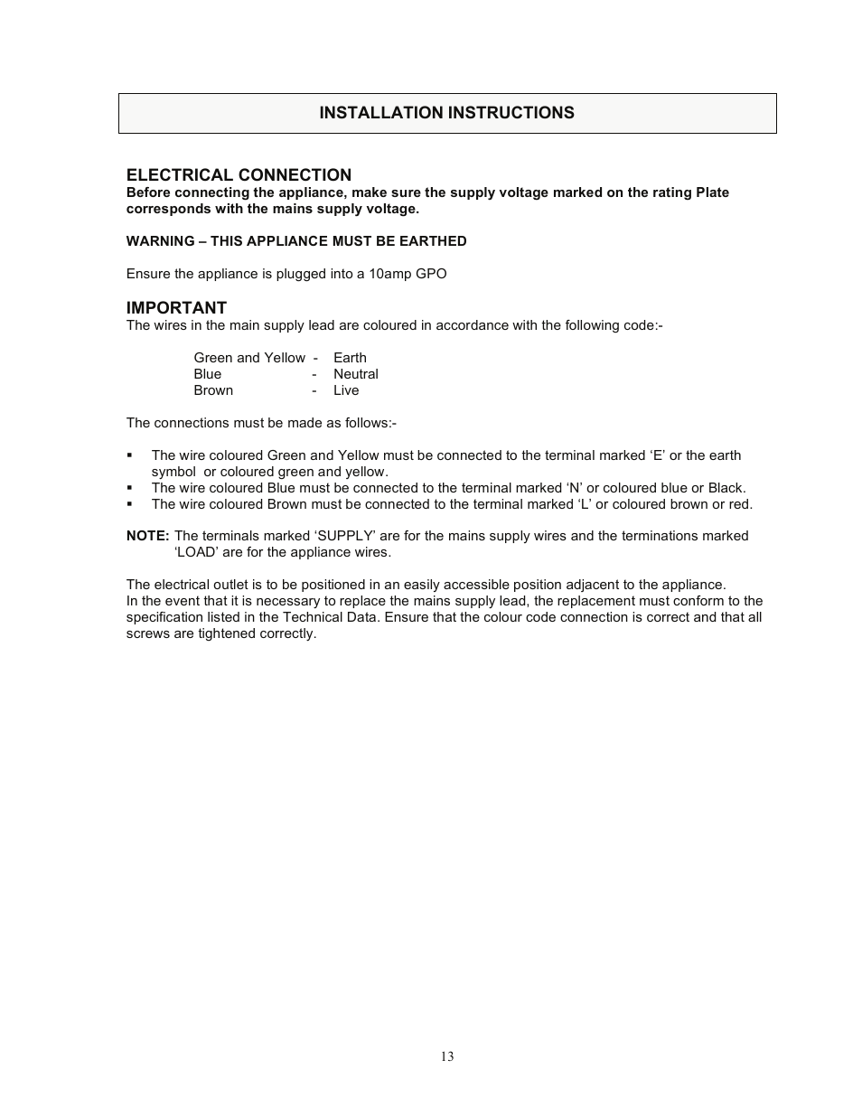 Installation instructions, Electrical connection, Important | Kleenmaid CH611X User Manual | Page 14 / 18