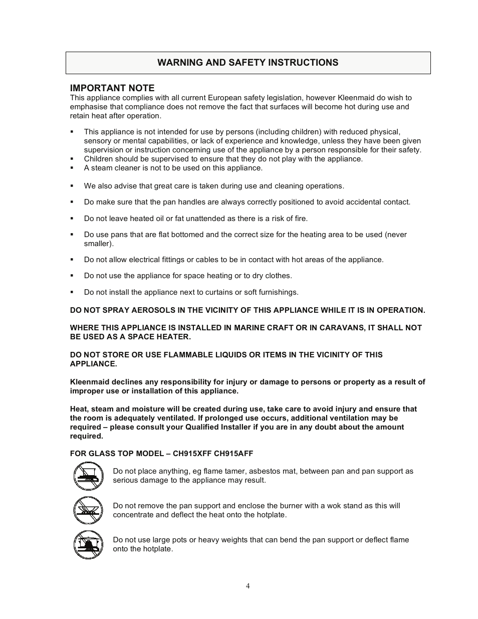 Warning and safety instructions | Kleenmaid CH611X User Manual | Page 5 / 18