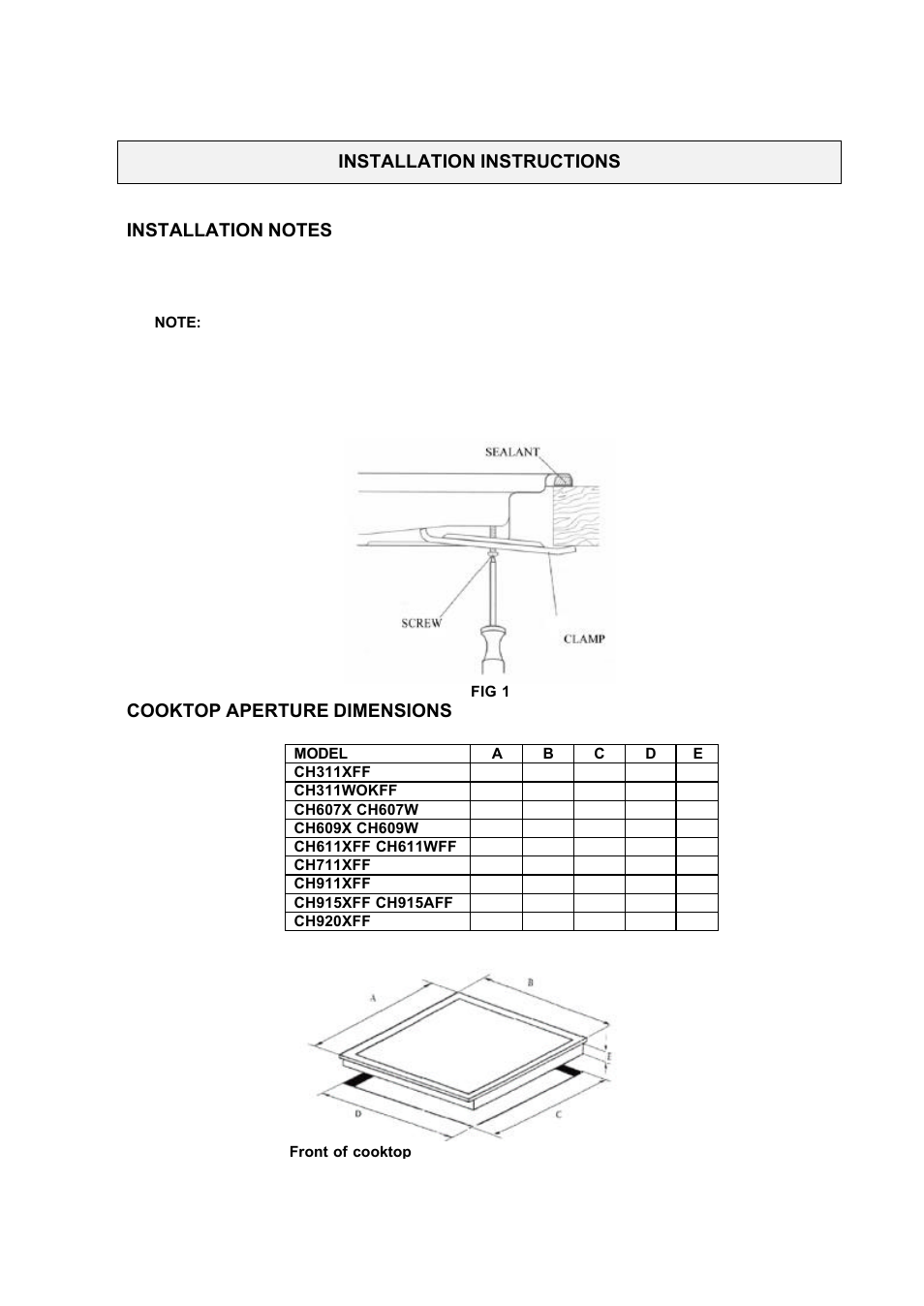 Cooktop aperture dimensions | Kleenmaid CH311XFF User Manual | Page 10 / 18