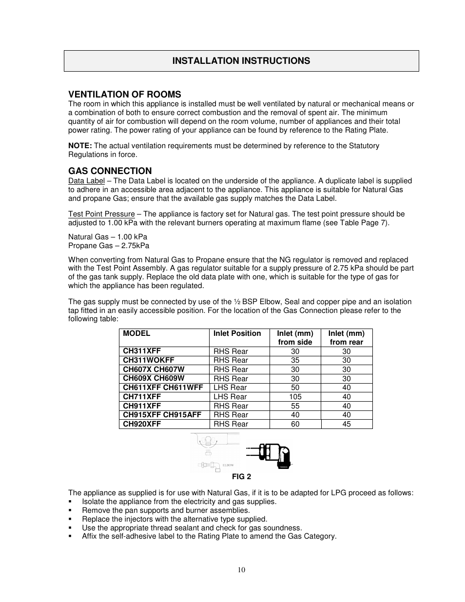 Installation instructions, Ventilation of rooms, Gas connection | Kleenmaid CH311XFF User Manual | Page 11 / 18