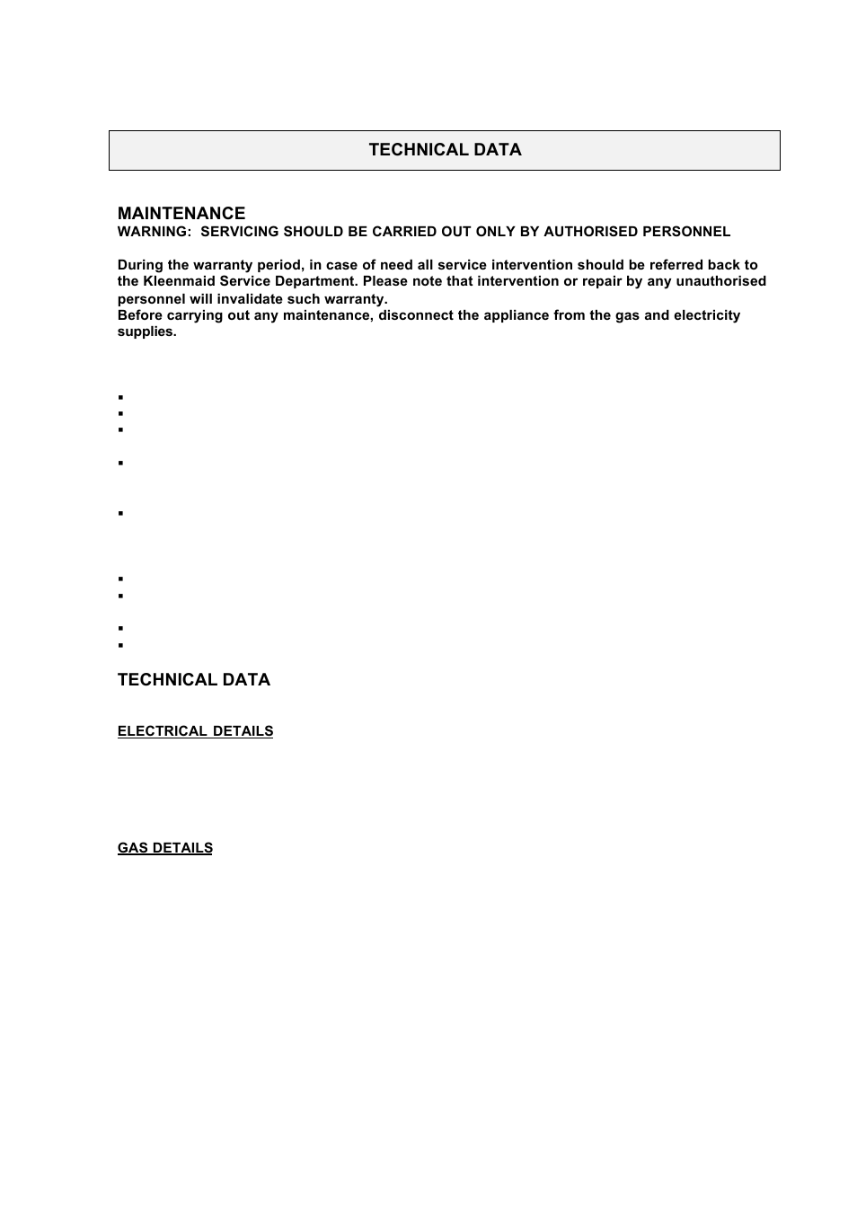 Technical data maintenance, Technical data | Kleenmaid CH311XFF User Manual | Page 15 / 18