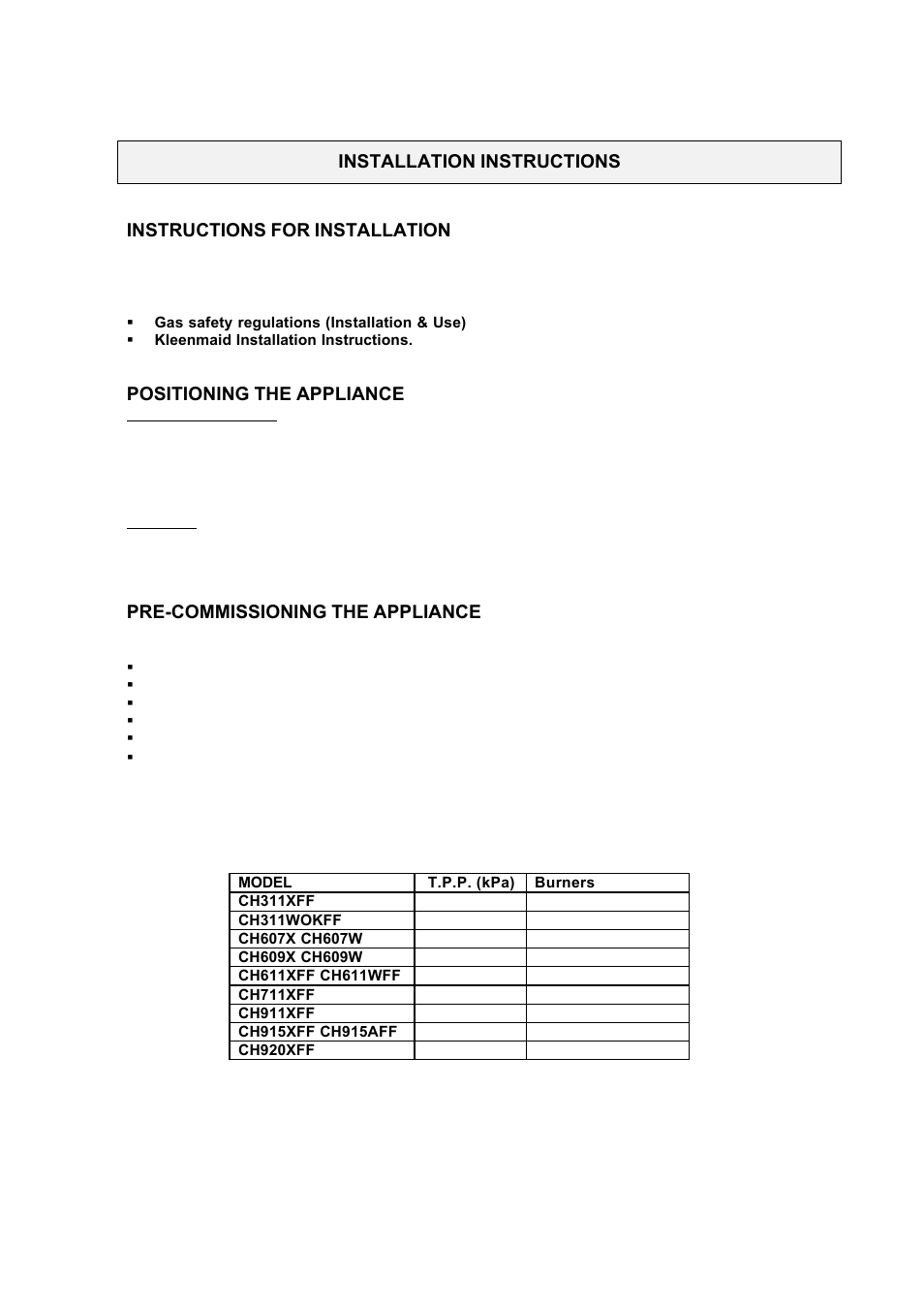 Positioning the appliance, Pre-commissioning the appliance | Kleenmaid CH311XFF User Manual | Page 9 / 18