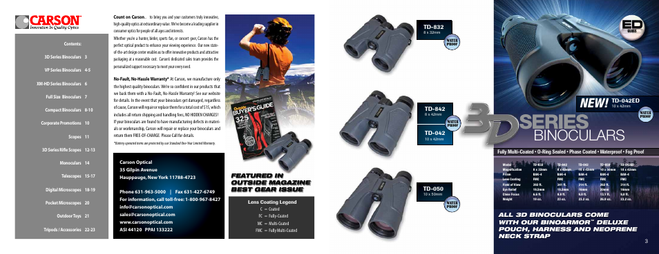 Series, Binoculars, Td-832 | Td-842, Td-042, Td-050, Td-042ed, 3all 3d binoculars come with our binoarmor | Carson Optical XM-HD Series User Manual | Page 2 / 12