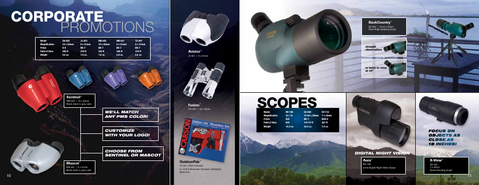 Scopes, Corporate promotions, Digital night vision aura | Backcountry, X-view, Sentinel, We'll match any pms color, Aviator, Fusion, Mascot | Carson Optical XM-HD Series User Manual | Page 6 / 12
