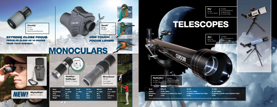 Monoculars telescopes, Extreme close focus, One touch focus lever | Closeup, Monozoom, Hawkeye, Golfscope, Mightymight, Bandit, Skyseeker | Carson Optical XM-HD Series User Manual | Page 8 / 12