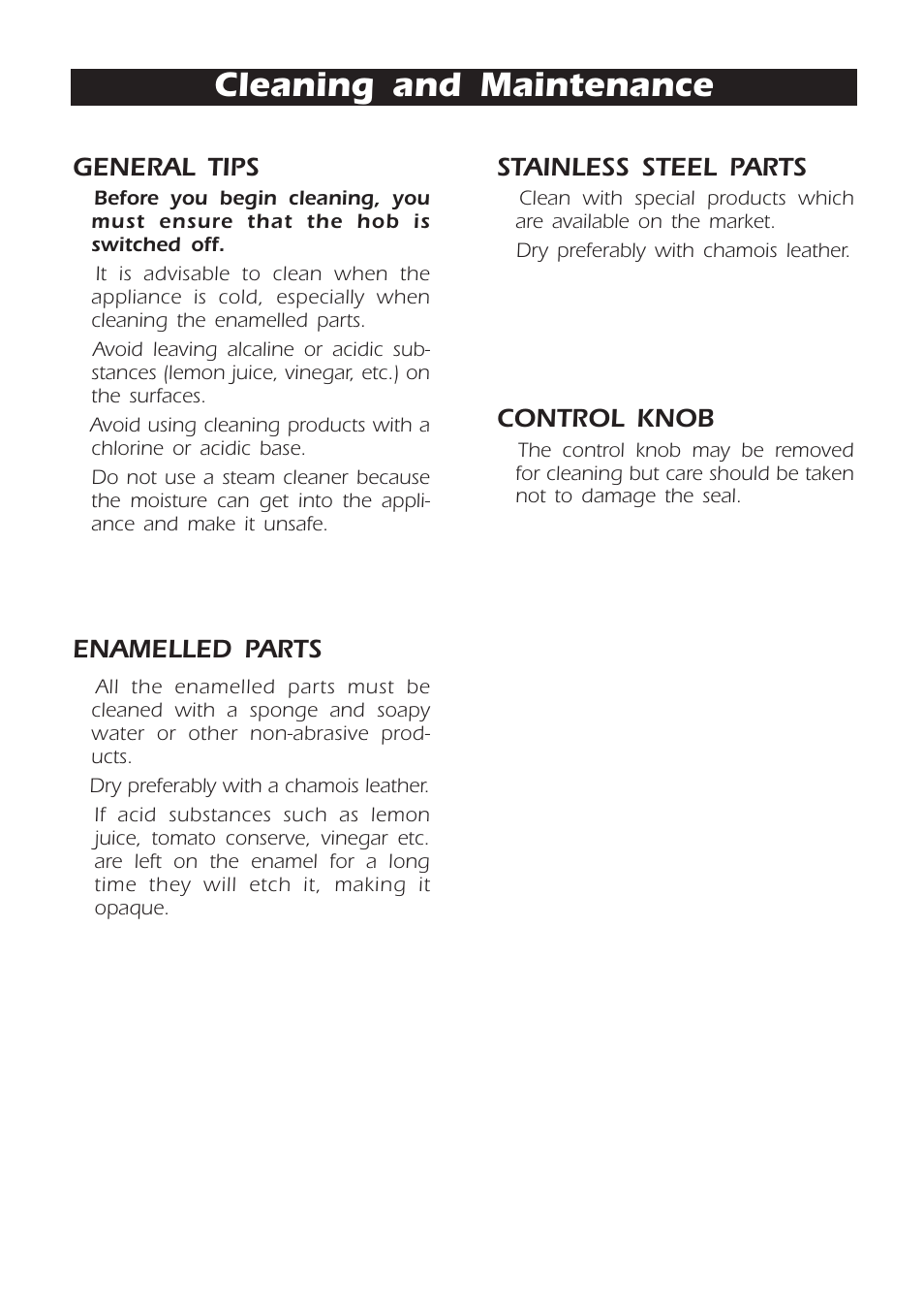 Cleaning and maintenance, General tips, Enamelled parts | Stainless steel parts, Control knob | Kleenmaid CH300CW User Manual | Page 13 / 16