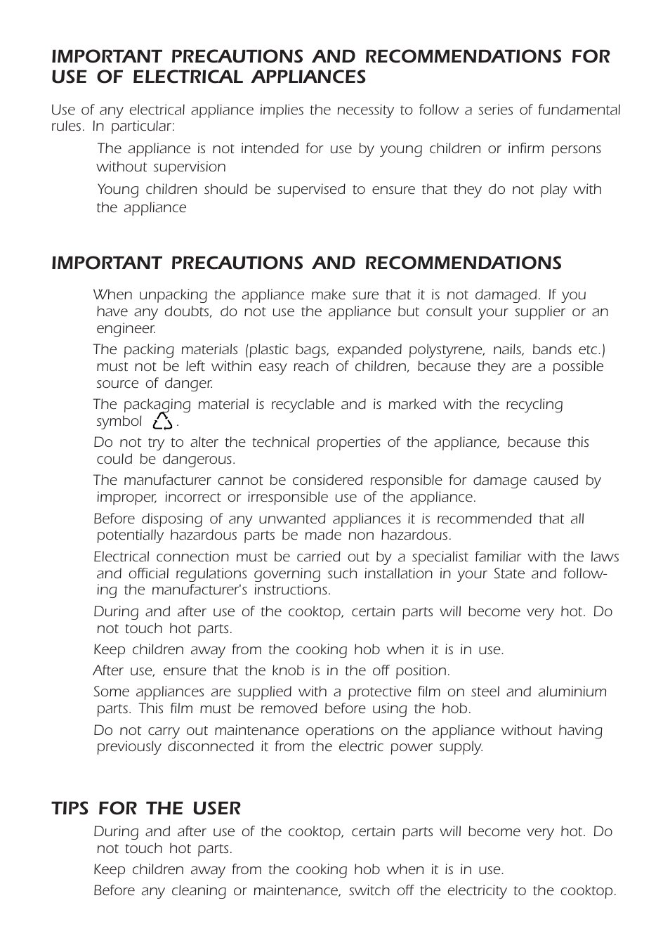 Important precautions and recommendations, Tips for the user | Kleenmaid CH300CW User Manual | Page 3 / 16