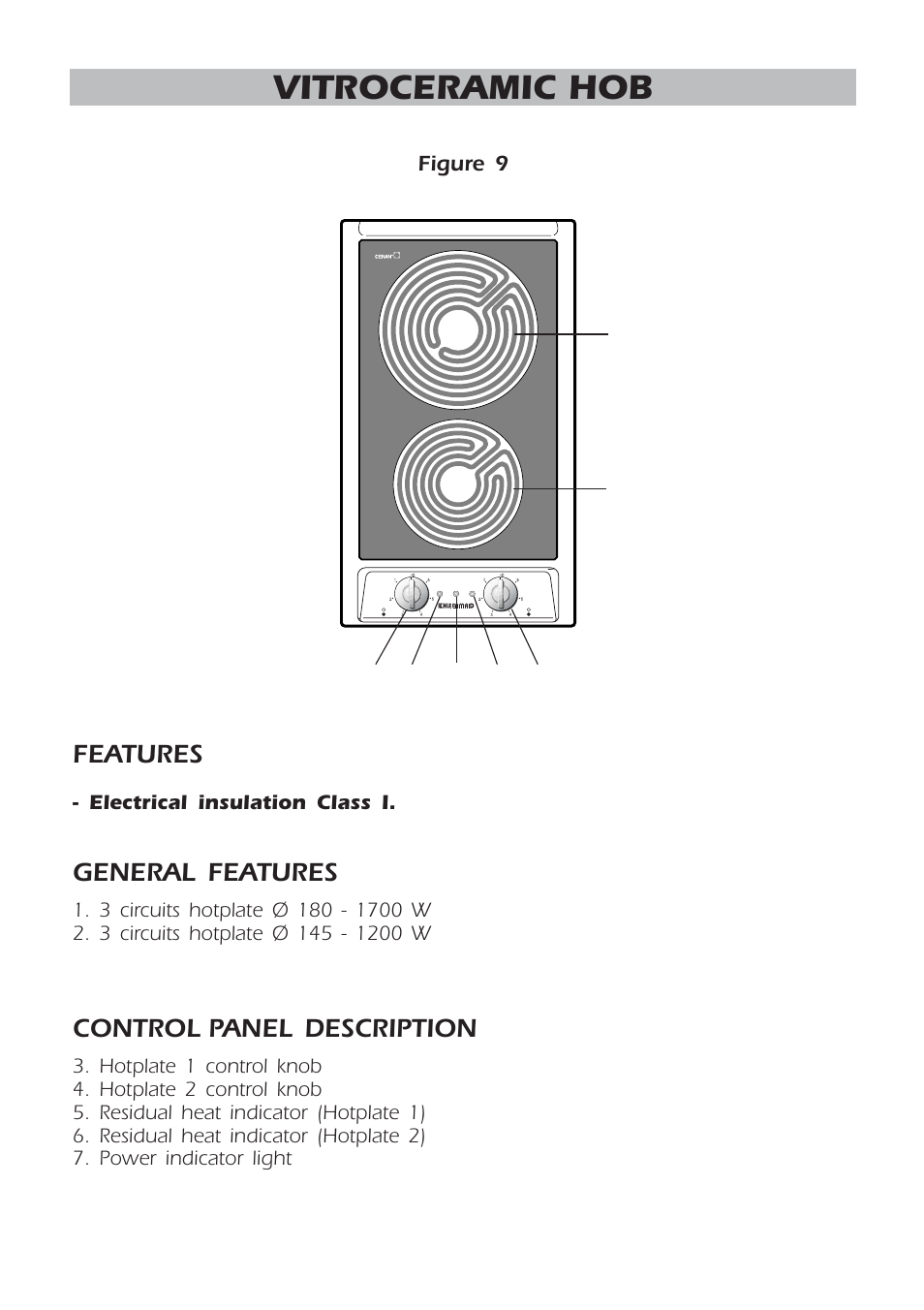 Vitroceramic hob, Features, General features | Control panel description | Kleenmaid CH300CW User Manual | Page 9 / 16