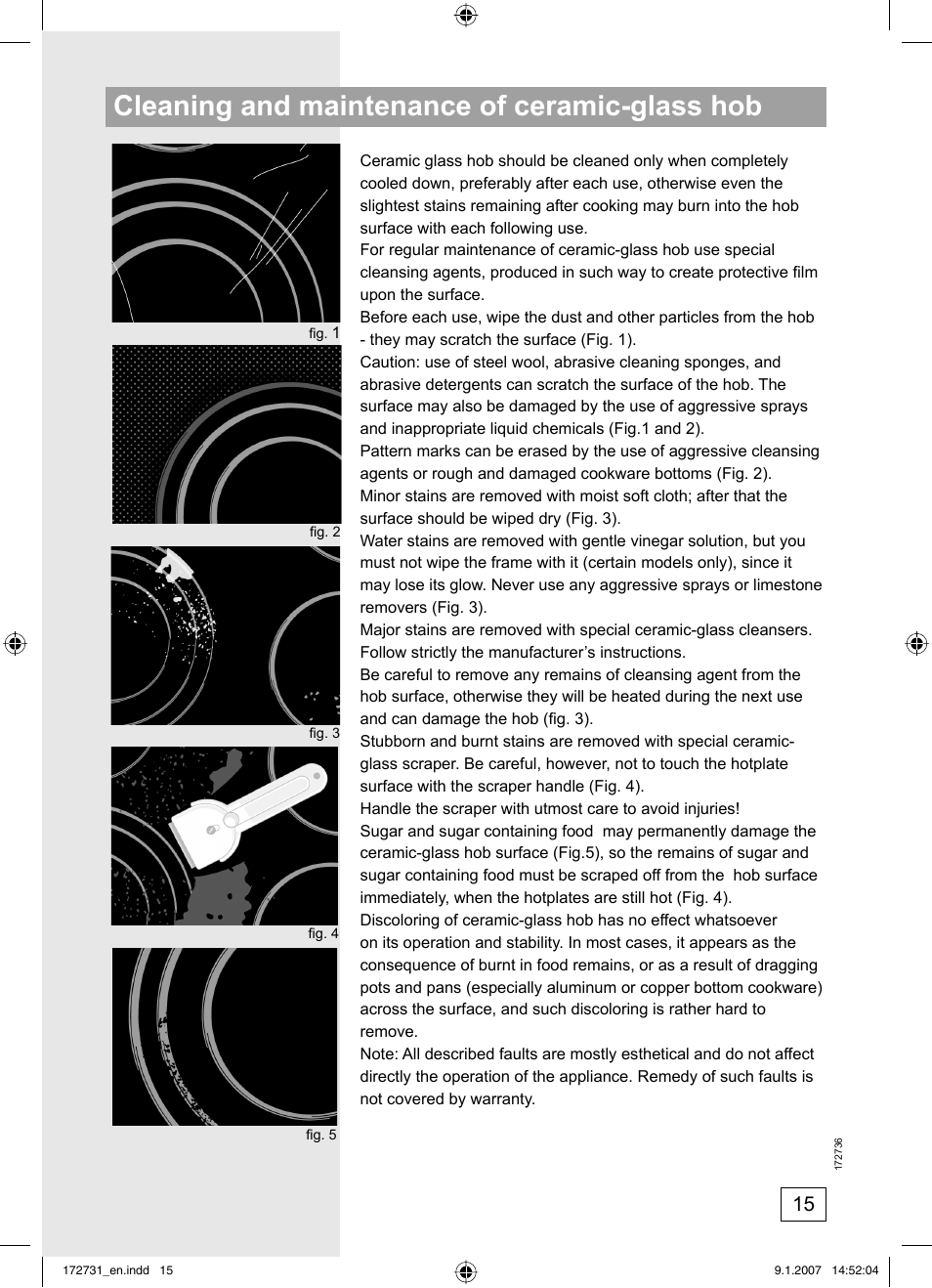 Cleaning and maintenance of ceramic-glass hob | Kleenmaid CH805CE-1 User Manual | Page 15 / 24