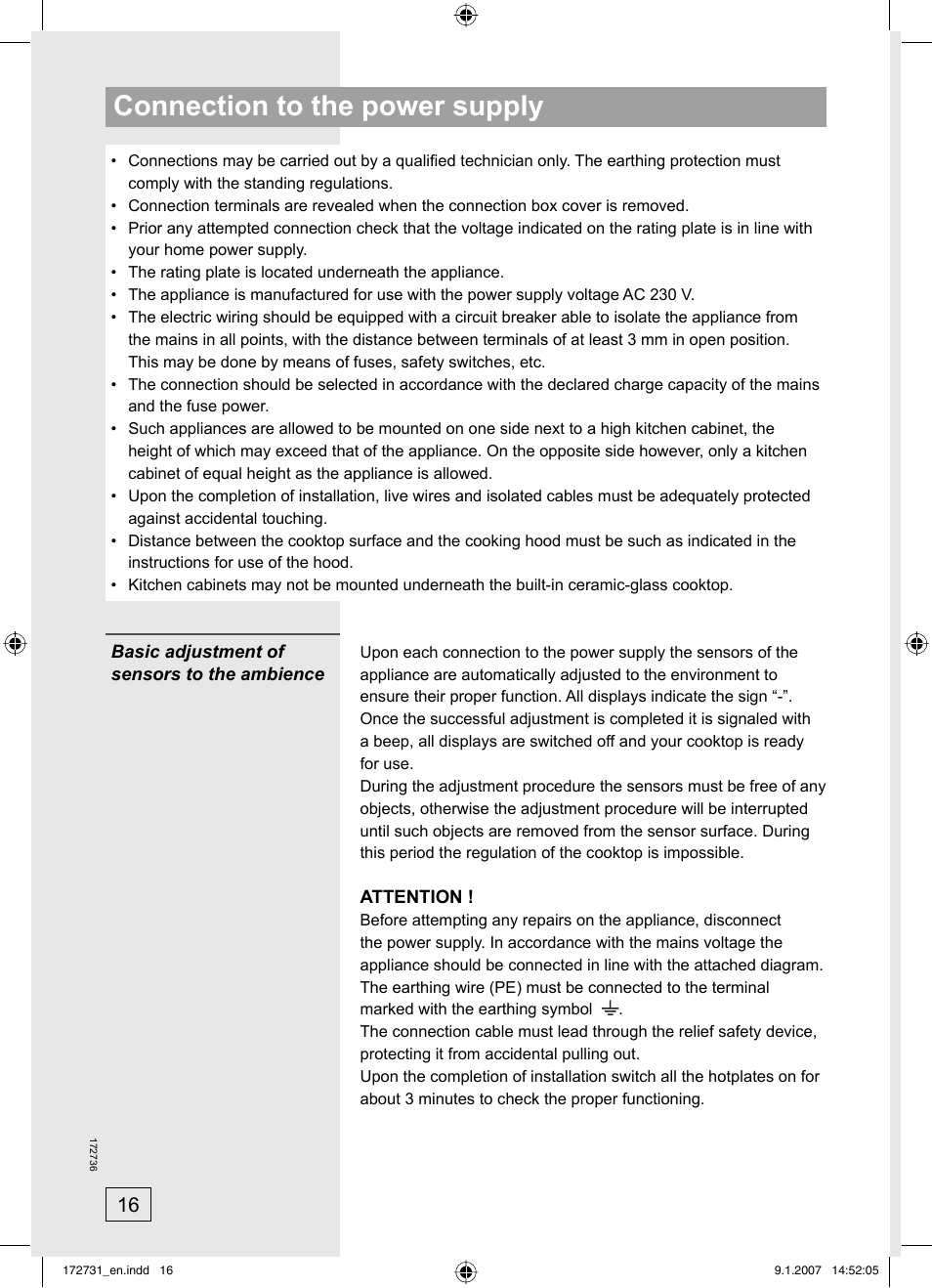 Connection to the power supply | Kleenmaid CH805CE-1 User Manual | Page 16 / 24