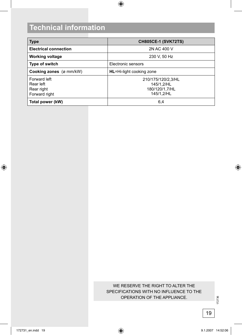 Technical information | Kleenmaid CH805CE-1 User Manual | Page 19 / 24