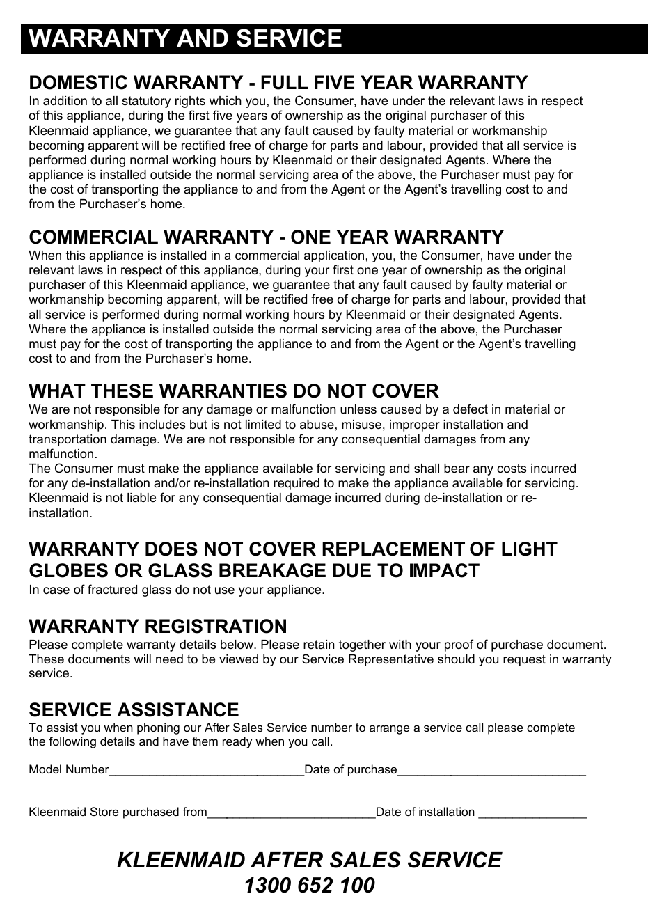 Warranty and service, Domestic warranty - full five year warranty, Commercial warranty - one year warranty | What these warranties do not cover, Warranty registration, Service assistance | Kleenmaid CH805CE-1 User Manual | Page 23 / 24