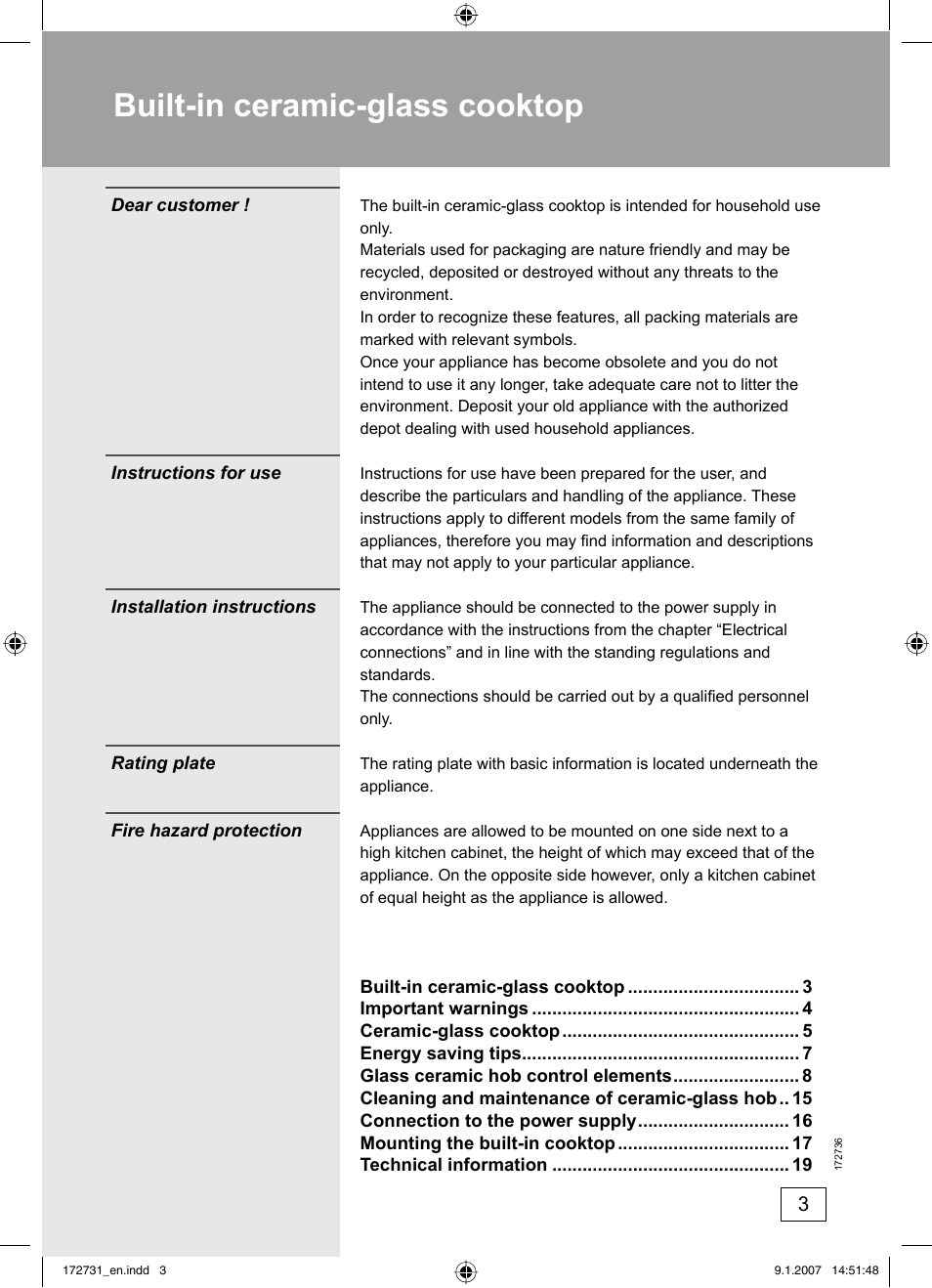 Built-in ceramic-glass cooktop | Kleenmaid CH805CE-1 User Manual | Page 3 / 24