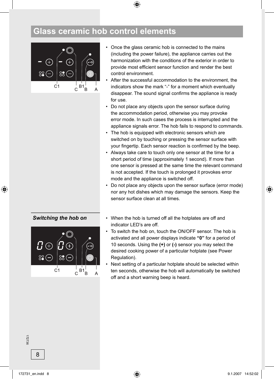 Glass ceramic hob control elements | Kleenmaid CH805CE-1 User Manual | Page 8 / 24