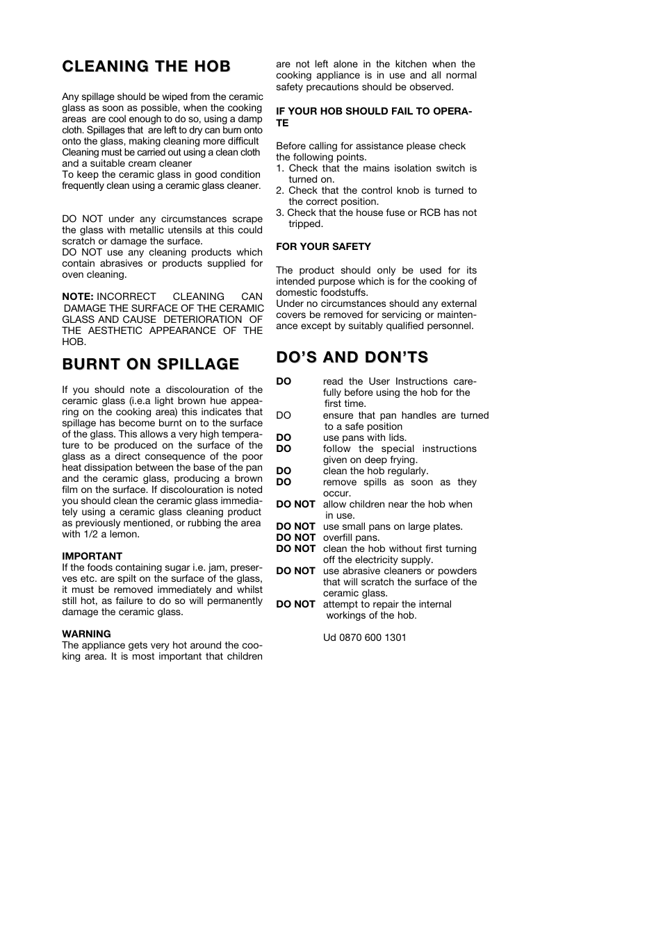 Cleaning the hob, Burnt on spillage, Do’s and don’ts | Kleenmaid CH600CM User Manual | Page 5 / 10