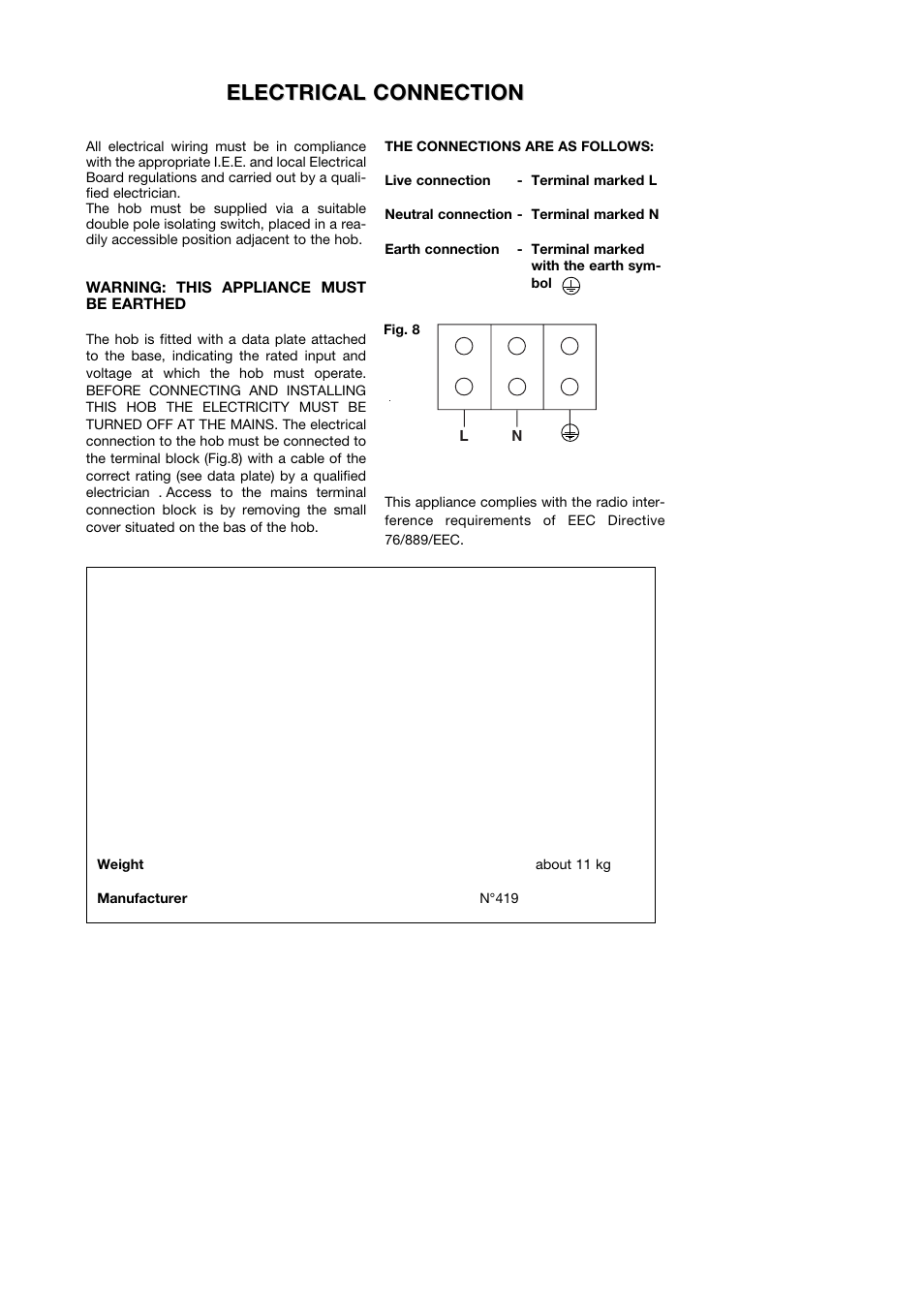 Electrical connection, Electrical connection hob technical data | Kleenmaid CH600CM User Manual | Page 7 / 10