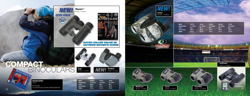 Compact binoculars, Open hinge, Raven | Rated killer value in outside buyer's guide, Outdoorpak, Tracker, Trek | Carson Optical YK Series User Manual | Page 6 / 22