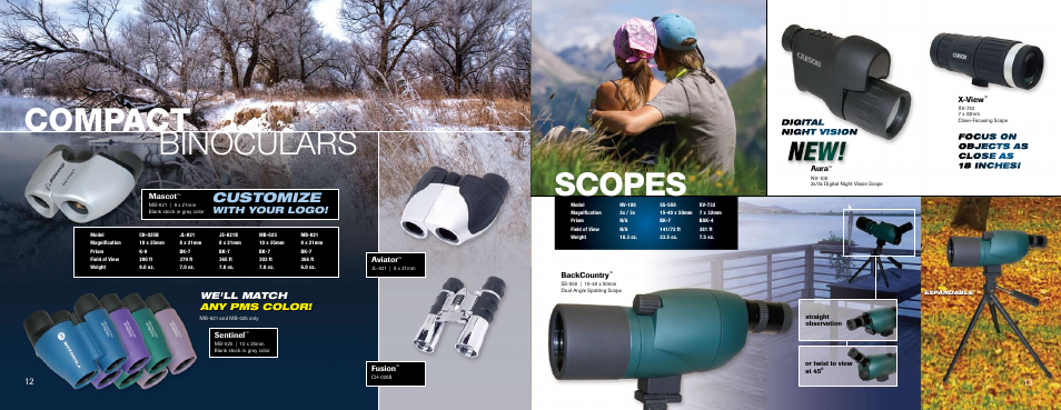Scopes compact binoculars, Customize, We'll match any pms color | With your logo! 12, Aviator, Fusion, Sentinel, Mascot, X-view, Aura | Carson Optical YK Series User Manual | Page 7 / 22