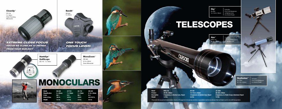Telescopes, Extreme close focus, One touch focus lever | Closeup, Monozoom, Hawkeye, Golfscope, Skyseeker, Bandit | Carson Optical YK Series User Manual | Page 9 / 22