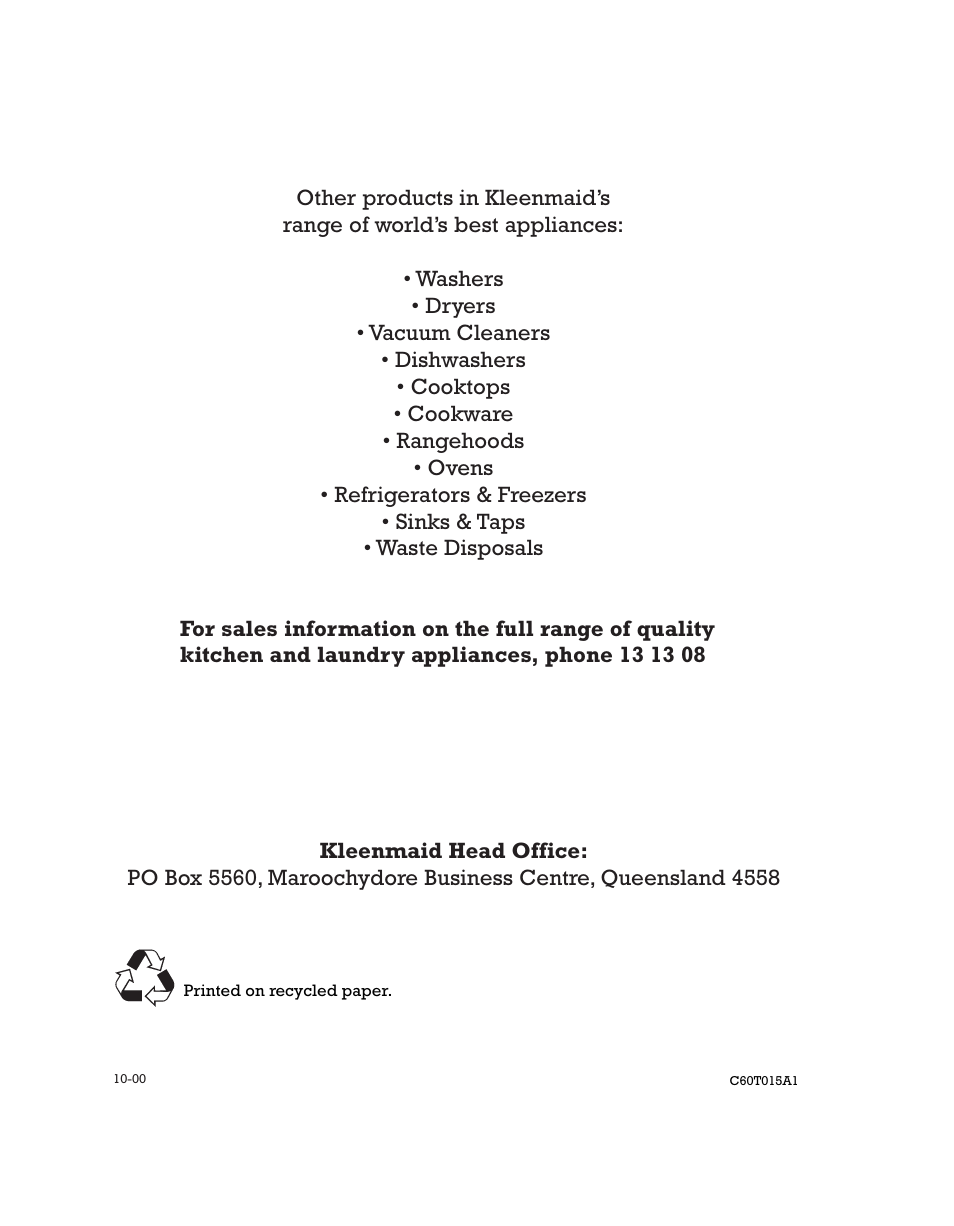 Kleenmaid CH16 User Manual | Page 11 / 11