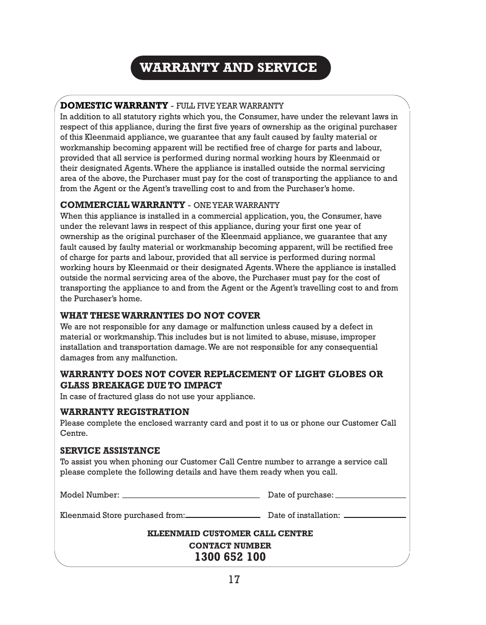 Warranty and service | Kleenmaid CH17 User Manual | Page 19 / 20