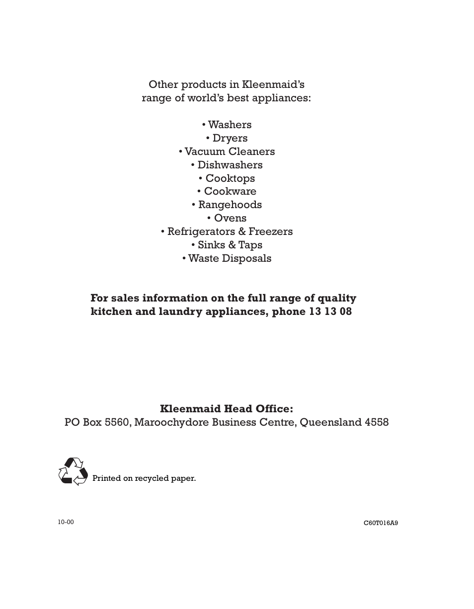 Kleenmaid CH17 User Manual | Page 20 / 20