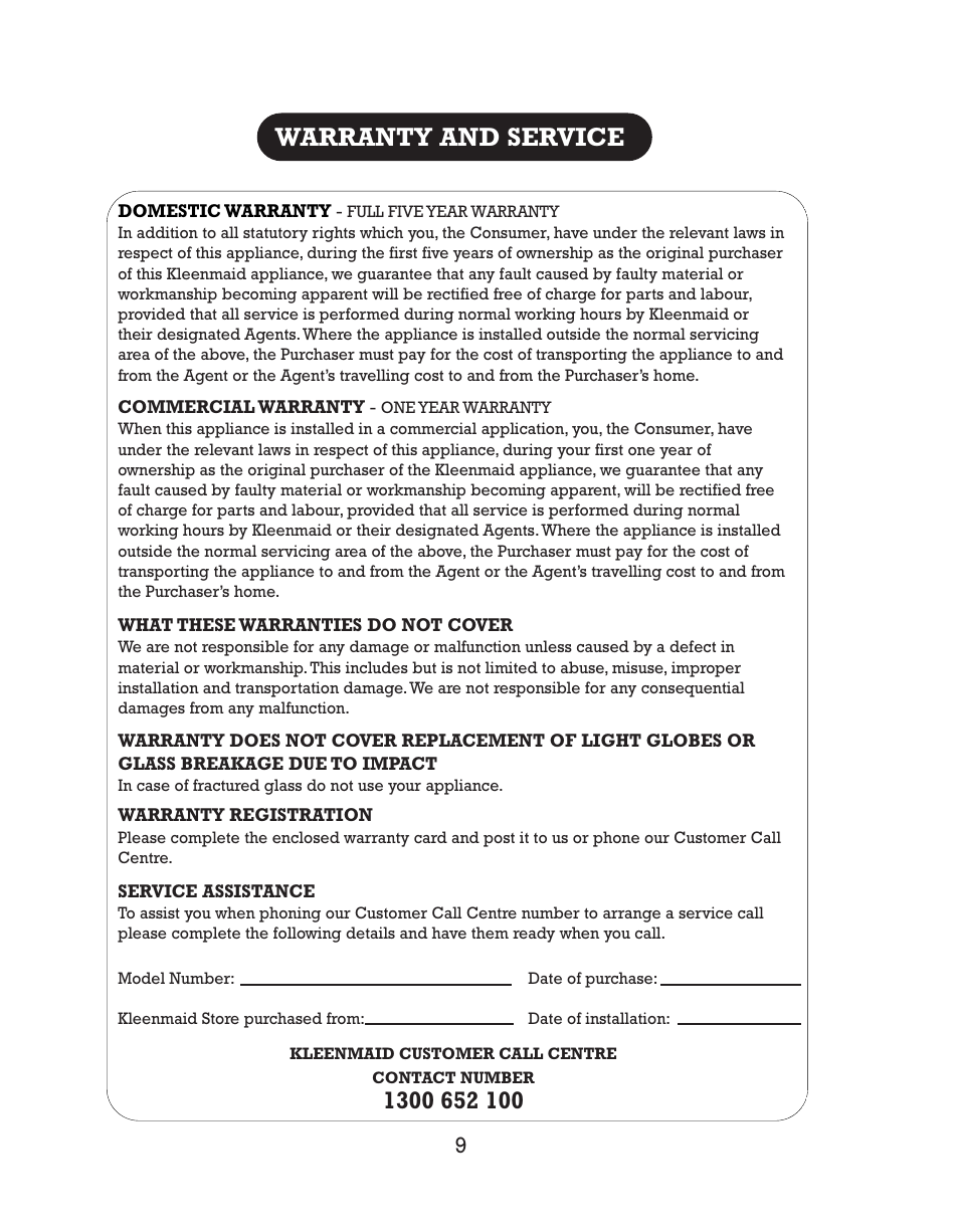 Warranty and service | Kleenmaid CH40S User Manual | Page 11 / 12