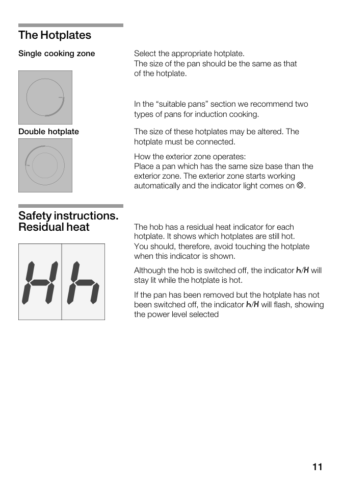 The hotplates, Safety instructions. residual heat | Kleenmaid ICK68X User Manual | Page 11 / 32