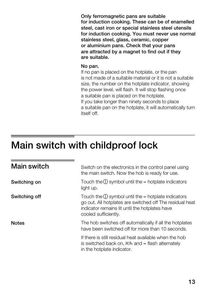 Main switch with childproof lock, Main switch | Kleenmaid ICK68X User Manual | Page 13 / 32