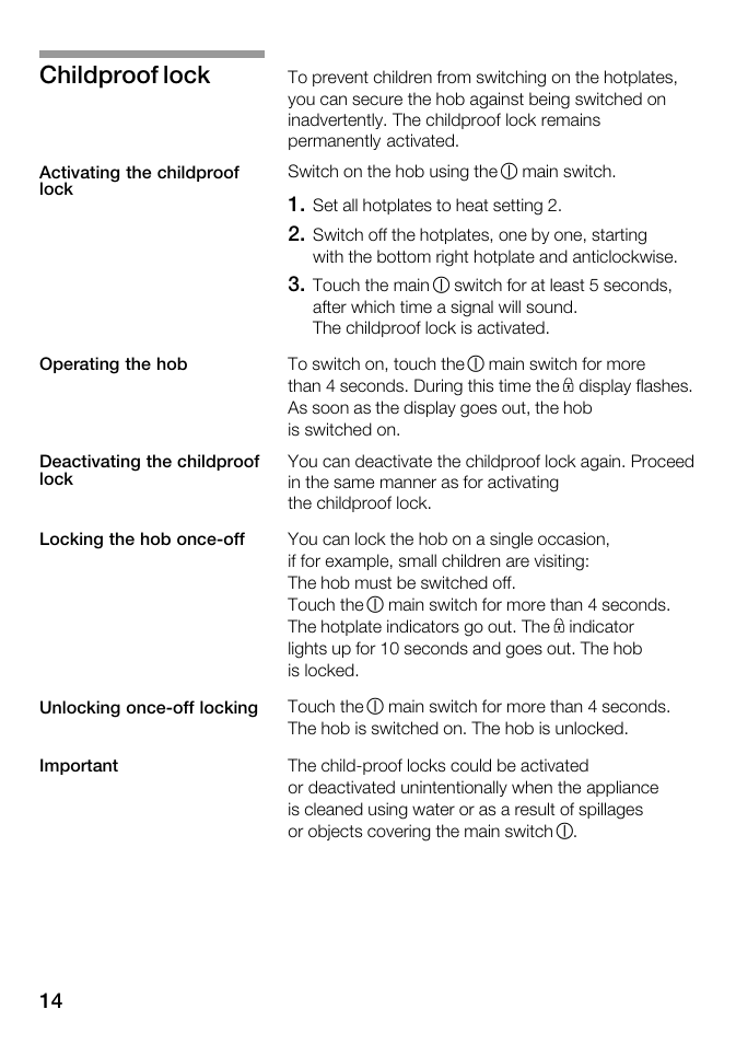 Childproof lock | Kleenmaid ICK68X User Manual | Page 14 / 32