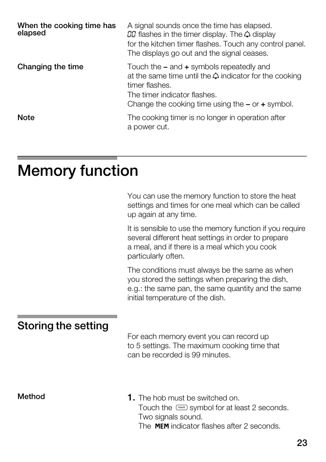 Storing the setting | Kleenmaid ICK68X User Manual | Page 23 / 32