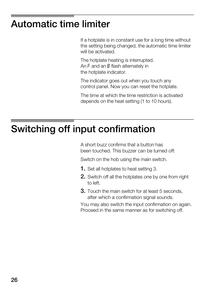 Automatic time limiter, Switching off input confirmation | Kleenmaid ICK68X User Manual | Page 26 / 32