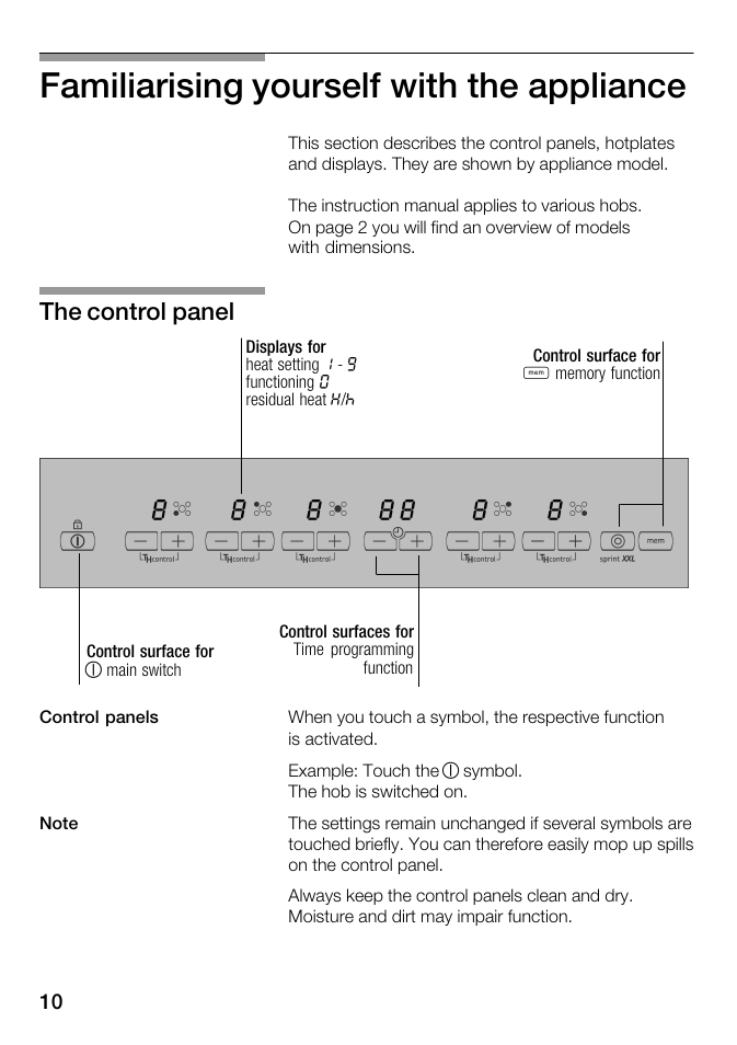 Familiarising yourself with the appliance, The control panel | Kleenmaid ICK98X User Manual | Page 10 / 32