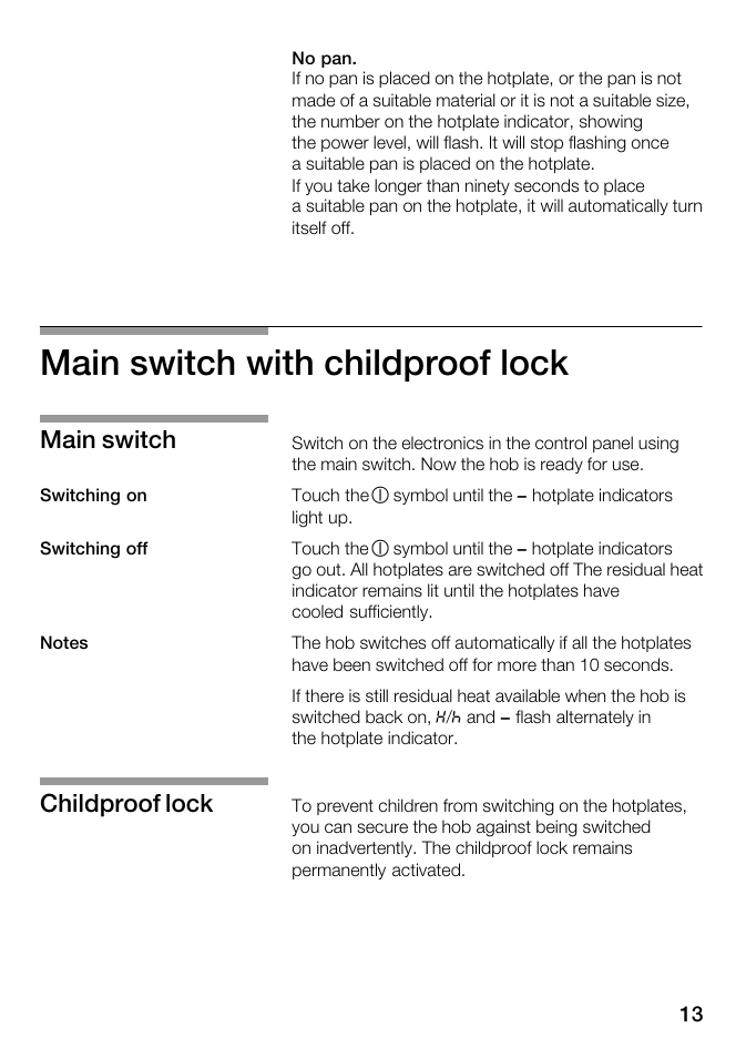 Main switch with childproof lock, Main switch, Childproof lock | Kleenmaid ICK98X User Manual | Page 13 / 32