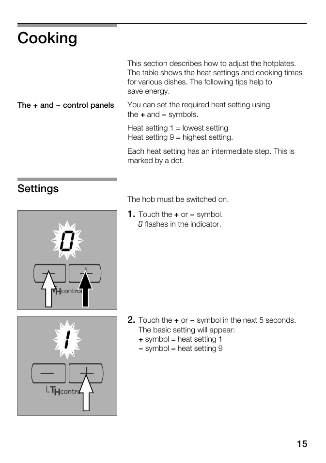 Cooking, Settings | Kleenmaid ICK98X User Manual | Page 15 / 32