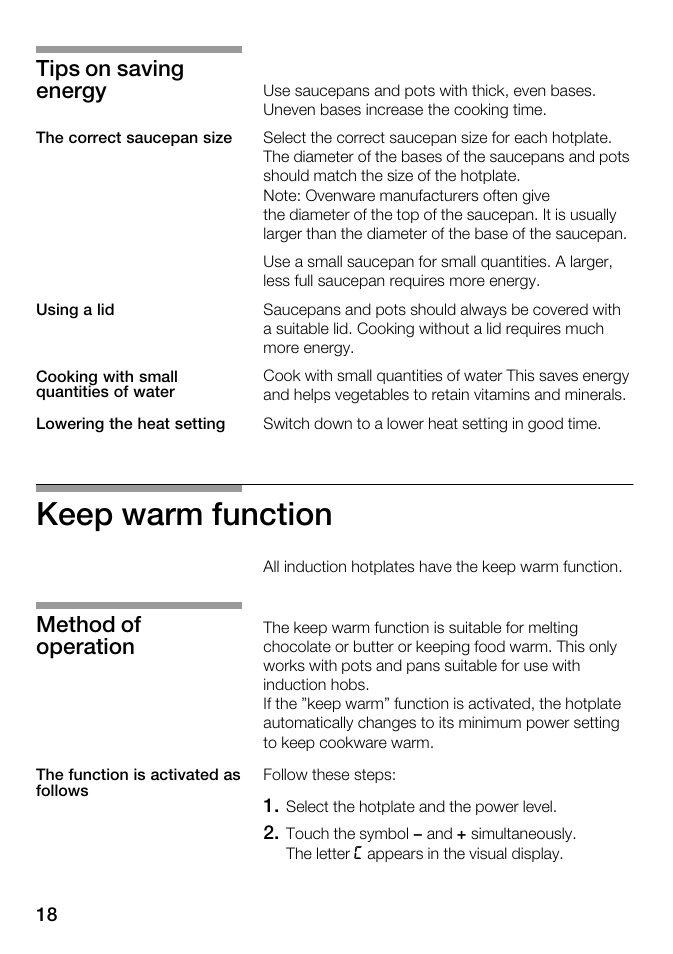 Keep warm function, Tips on saving energy, Method of operation | Kleenmaid ICK98X User Manual | Page 18 / 32