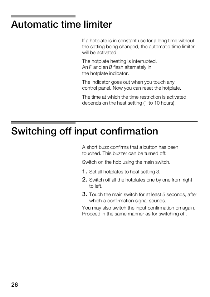 Automatic time limiter, Switching off input confirmation | Kleenmaid ICK98X User Manual | Page 26 / 32