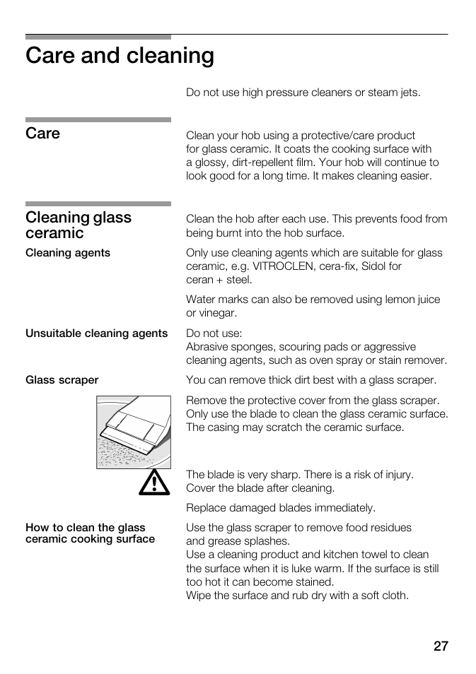 Care and cleaning, Care cleaning glass ceramic | Kleenmaid ICK98X User Manual | Page 27 / 32