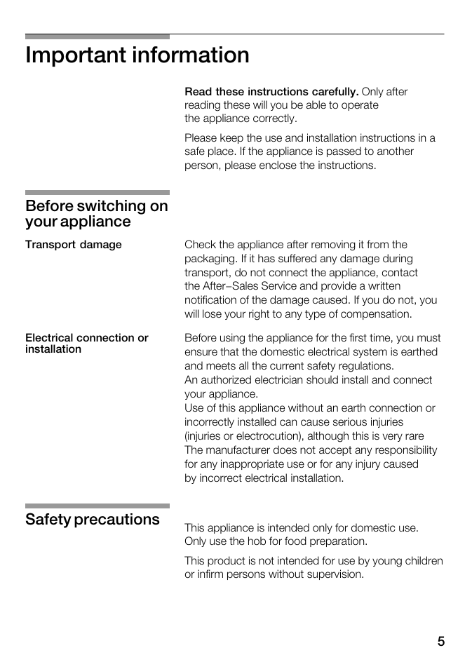 Important information, Before switching on your appliance, Safety precautions | Kleenmaid ICK98X User Manual | Page 5 / 32