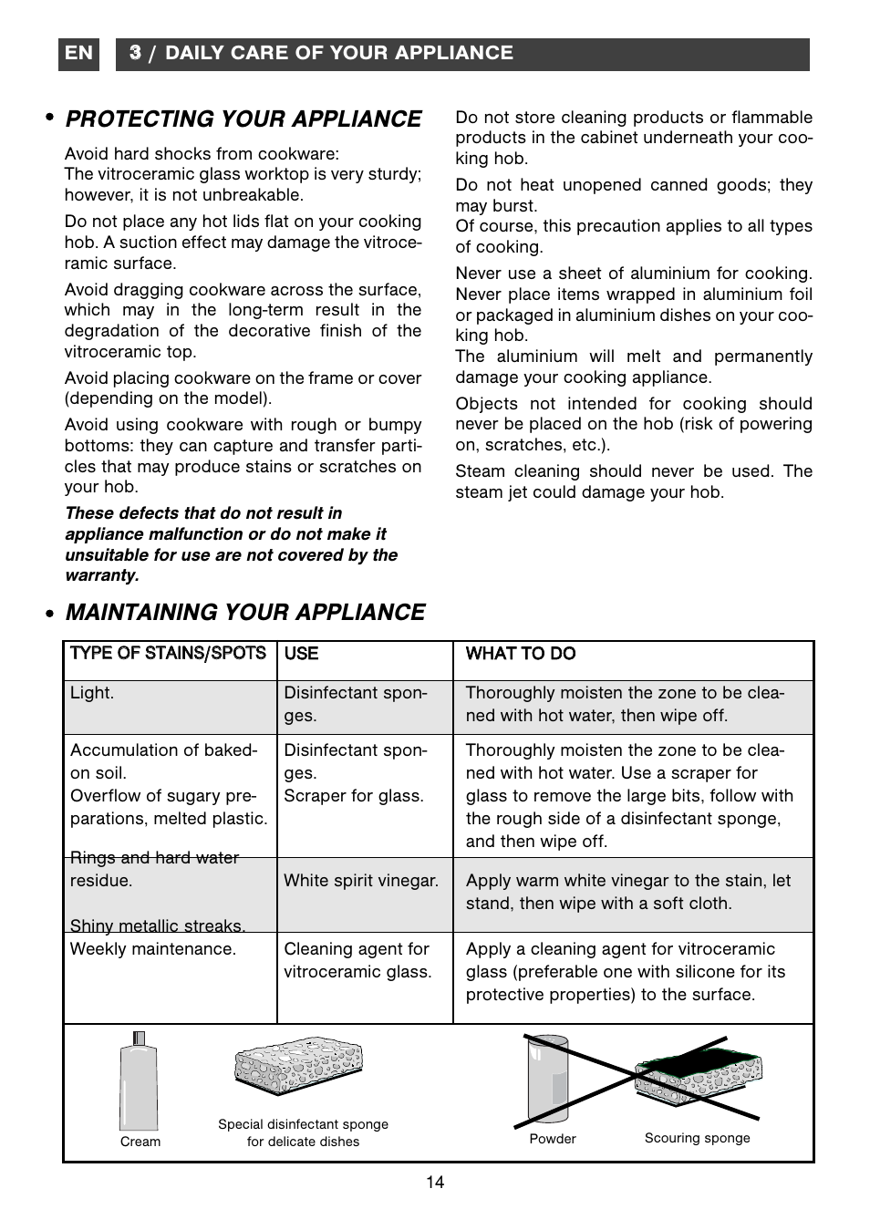 Protecting your appliance, Maintaining your appliance | Kleenmaid ICK63 User Manual | Page 14 / 16