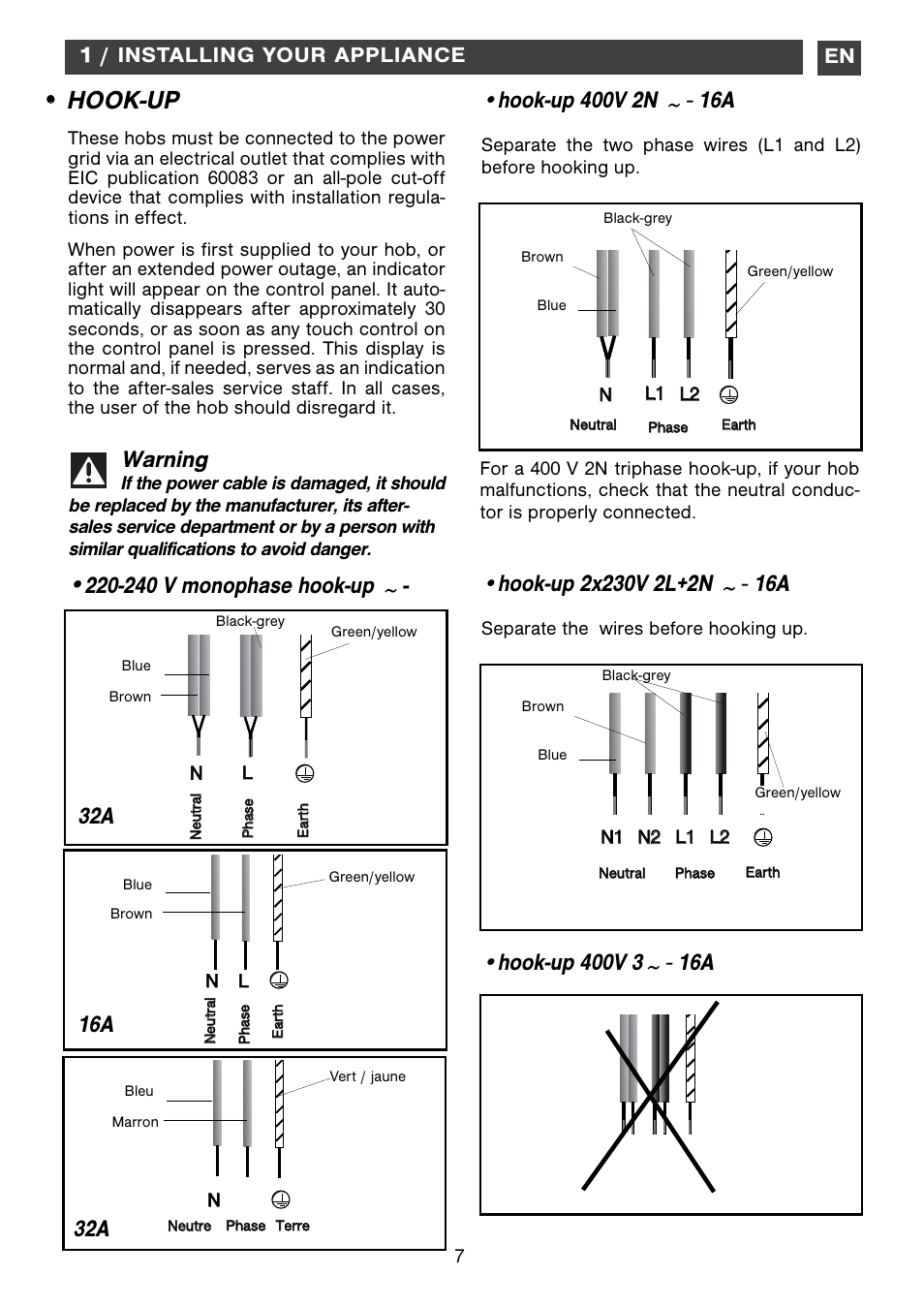 Hook-up, 240 v monophase hook-up ~ - warning, En 1 1 / installing your appliance | Kleenmaid ICK63 User Manual | Page 7 / 16