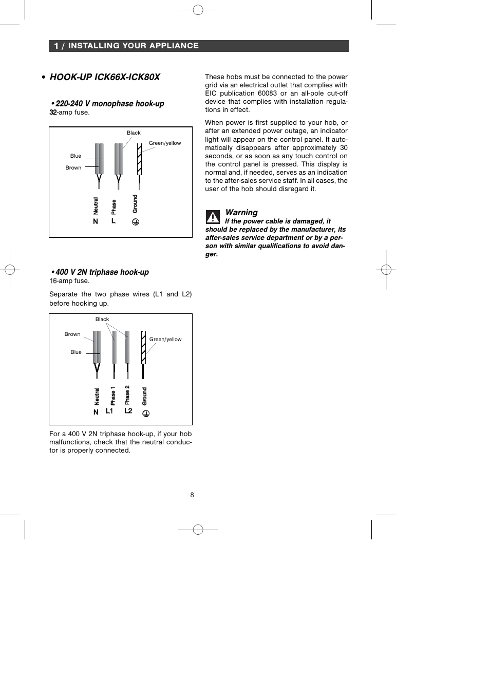 Hook-up ick66x-ick80x, Warning, 400 v 2n triphase hook-up | 240 v monophase hook-up | Kleenmaid ICK66X User Manual | Page 11 / 23